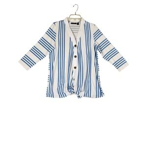 Susan Graver Weekend Blue White Striped Button Front Tie Hem Cardigan Small